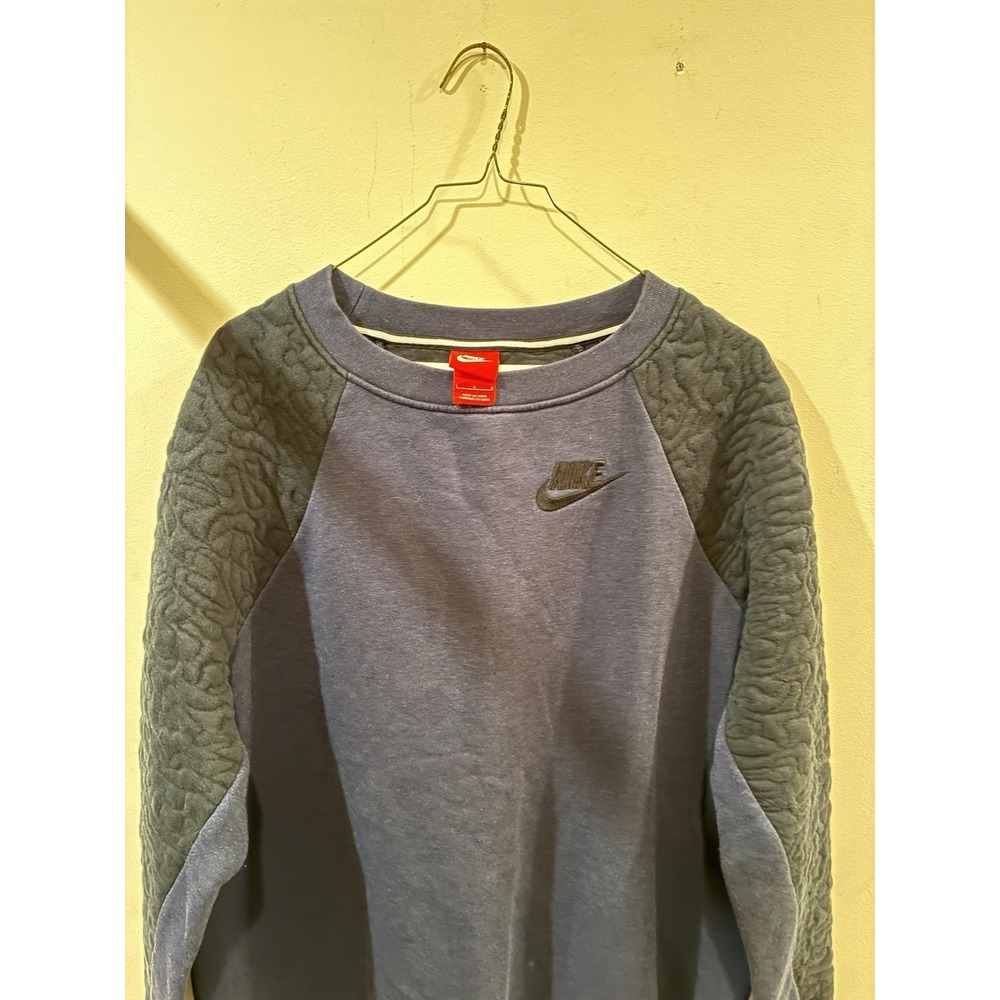 Nike Quilted Blue Crew Neck Pullover Sweatshirt L Cotton Fleece Embroidered Logo